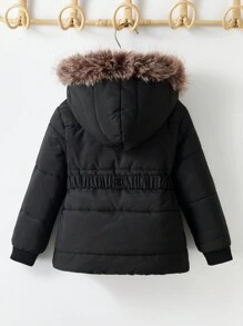 Young Girl Black Padded Coat With Fluffy Collar And Bow Belt - Black - View 2