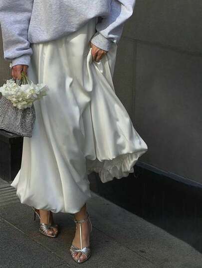 Serisse Women's Beige Satin Pleated Bubble Long Skirt,Minimalist A-Line Skirt, Tutu Skirt,Casual Everyday Wear,Women Skirts,Business Casual Women,Winter Clothes,Elegant Skirts,Homecoming Dresses,Fall Women Skirts,Princess Women Skirts,Fluffy Skirt,Fairy Costume,Lantern Skirts