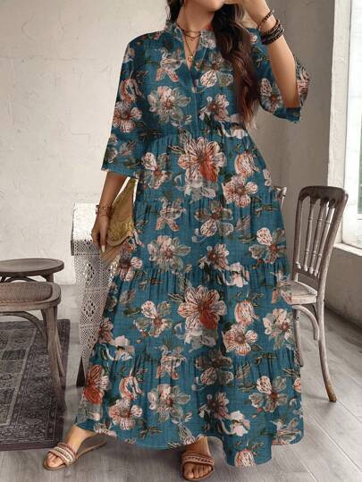 Mellowie Vestido holgado de talla grande con cuello alto, mangas 3/4 y patrón floral retro elegante y casual