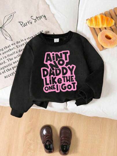 SHEIN Explorewe Girls Young Girl Casual Comfortable Fleece Letter Print Long Sleeve Crew Neck Sweatshirt, Autumn/Winter