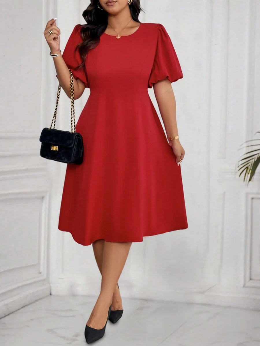 SHEIN Clasi 大码女式优雅纯色泡泡袖收腰连衣裙新年服装长款女装