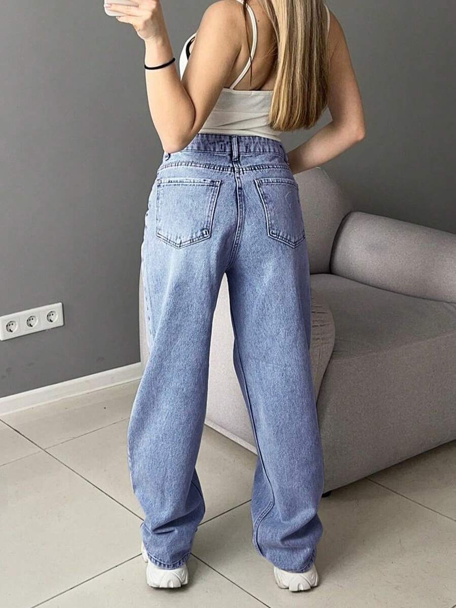 Jeans à jambes larges lavé, à poches asymétriques et décor croisé à la taille, style streetwear Y2K des années 90 - Bleu azur - Voir 1
