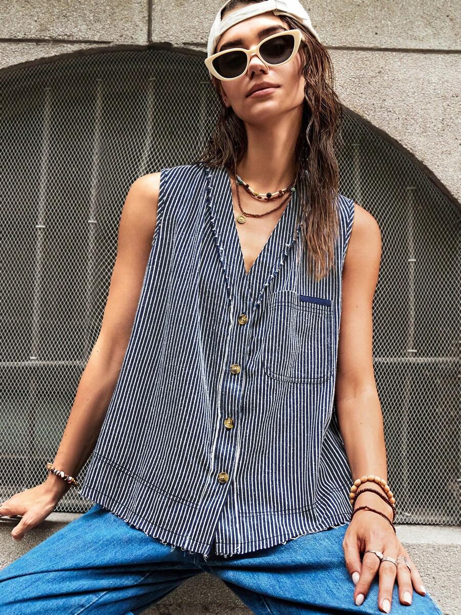 Bohemela 女士宽松度假条纹无袖上衣 - 藍白色 - 查看 1