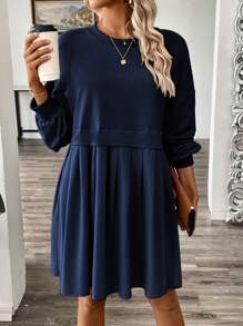 SHEIN Unity Women's Lantern Sleeve Pleated Long Sleeve Sweatshirt Dress, Autumn Fall Cloth For Women - Navy Blue - View 6