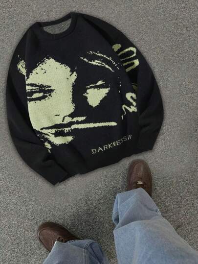 Manfinity EMRG Men Casual Figure & Letter Pattern Knit Graphic Color Block Pullover Long Sleeve Sweater, Autumn/Winter, For Going Out, Friends