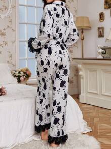 2 Pieces Women Elegant Floral Print Ruffle Hem Blouse And Pants Pajama Set, Comfortable For Autumn - Black - View 2