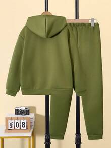 SHEIN Tween Boys Letter Print Hooded Zip-Up Jacket And Elastic Waist Pants 2pcs Casual Set - Army Green - View 2