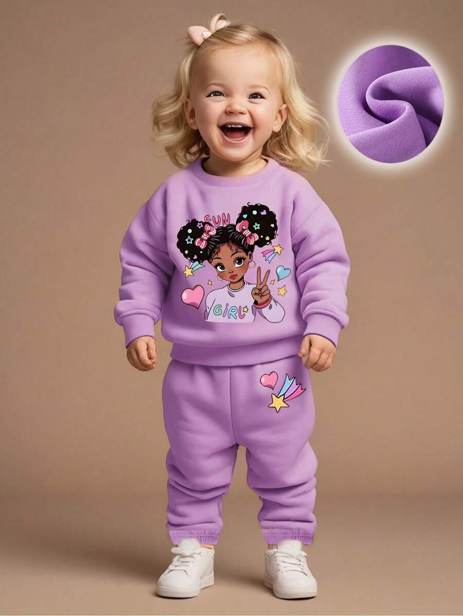 女婴 2 件套休闲字母印花运动衫和裤子套装，保暖内衬，秋冬 - 紫色 - 查看 1