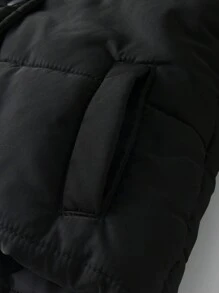 Young Girl Black Padded Coat With Fluffy Collar And Bow Belt - Black - View 3