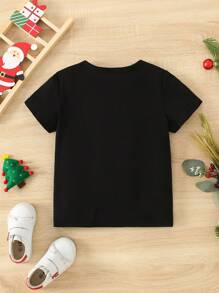 圣诞节感恩节男宝宝休闲时尚火鸡圣诞帽彩色浅色字母图形印花基本款短袖 T 恤，适合圣诞派对 - 黑色 - 查看 2