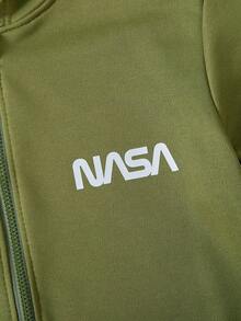 SHEIN Tween Boys Letter Print Hooded Zip-Up Jacket And Elastic Waist Pants 2pcs Casual Set - Army Green - View 4