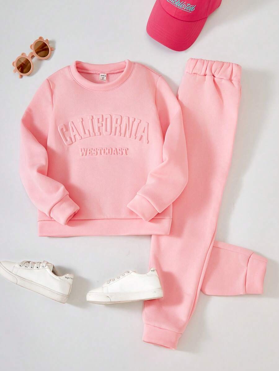 SHEIN Setelan Sweatshirt dan Celana Olahraga Kasual Warna Polos dengan Huruf Timbul untuk Anak Perempuan Remaja, Musim Gugur - Baby Pink - View 1