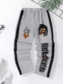 SHEIN Older Kids Boys Streetwear Hip Hop Vintage Cartoon Letter Print Contrast Patchwork Casual Regular Straight Fit Pants - Light Grey - View 1