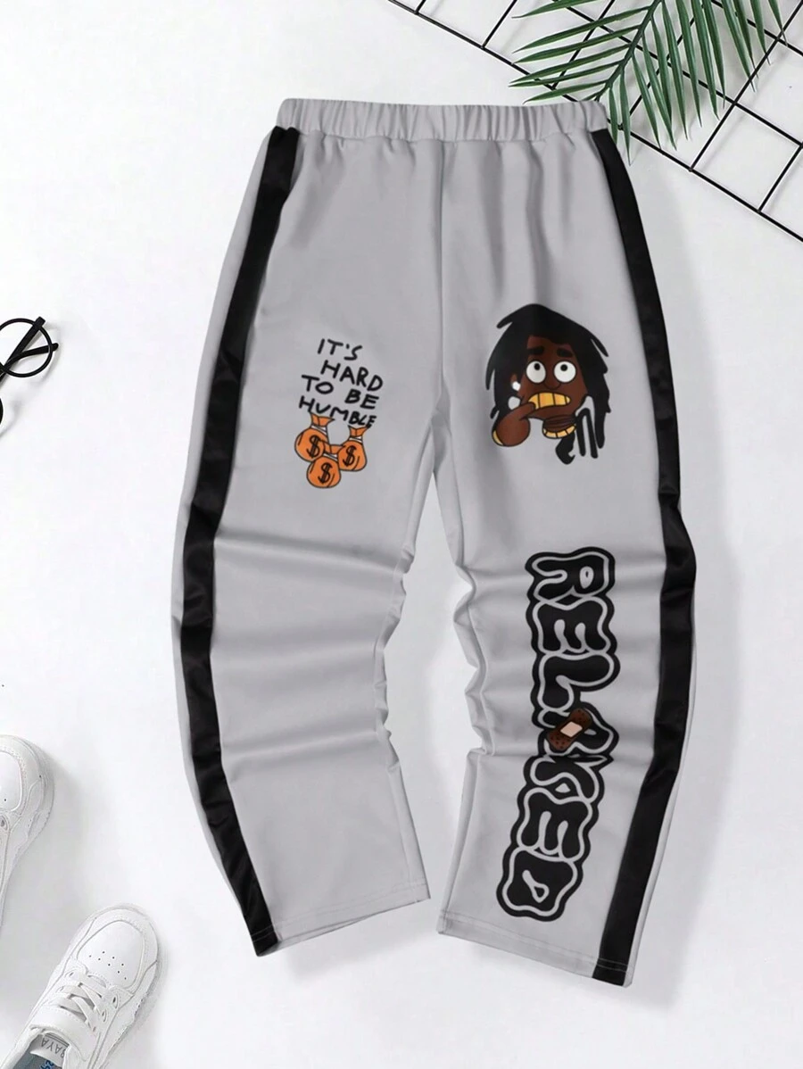 SHEIN Older Kids Boys Streetwear Hip Hop Vintage Cartoon Letter Print Contrast Patchwork Casual Regular Straight Fit Pants - Light Grey - View 1