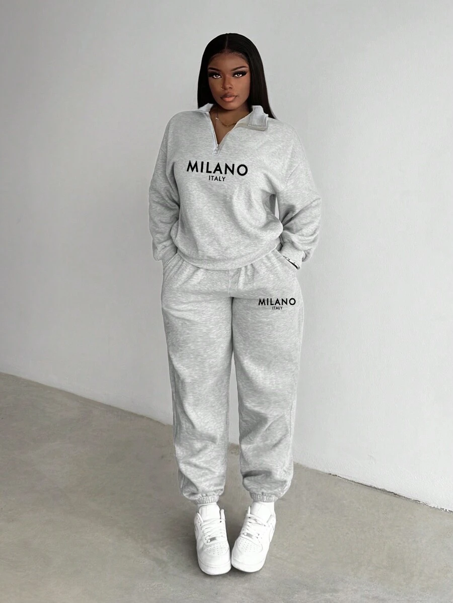 Slaydiva Women Casual High Collar Zip Half-Placket Loose Long Sleeve Fleece Sweatshirt And Long Sweatpants Set, Suitable For Autumn/Winter