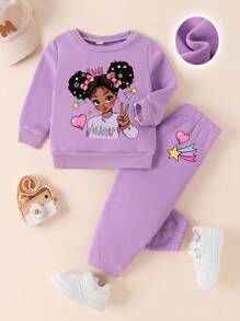 女婴 2 件套休闲字母印花运动衫和裤子套装，保暖内衬，秋冬 - 紫色 - 查看 2