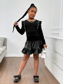 SHEIN Áo len cổ tròn viền bèo nhún cho bé gái tuổi teen giản dị tối giản thoải mái - màu đen - Xem 7