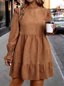 EMERY ROSE Plus Size Solid Color Ruffle Hem Frill Collar Long Sleeve Fall Dress - Brown - View 4