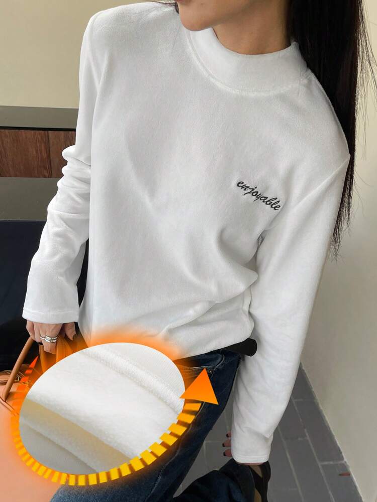 Autumn New Letter Embroidered Mock Neck Women T-Shirt Long Sleeve Women Tops Turtleneck Women