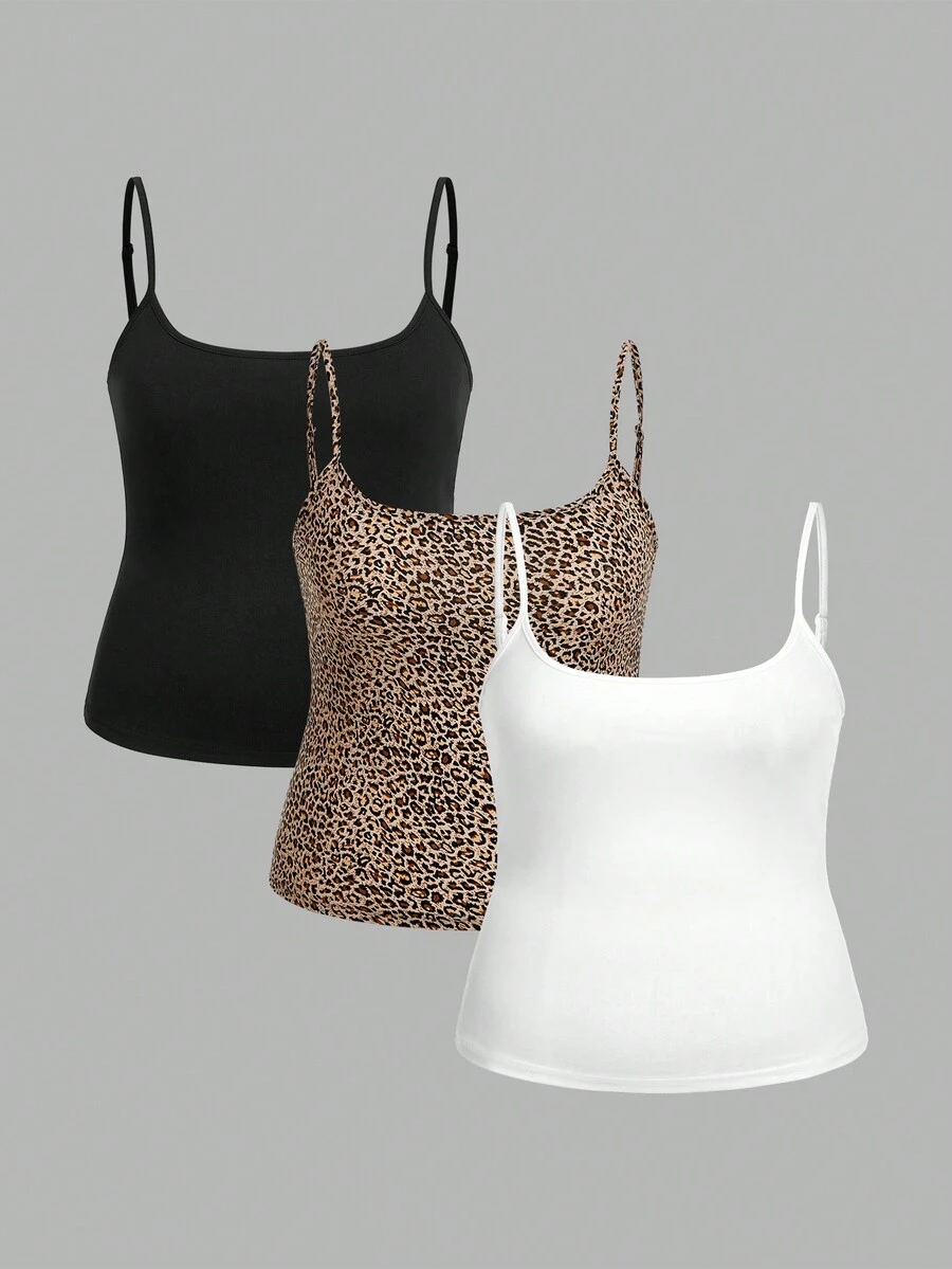 Comfortcana 3pcs/Set Plus Size Women Casual Tight Fitting Camisole Tops, Suitable For Summer - Multicolor - View 1