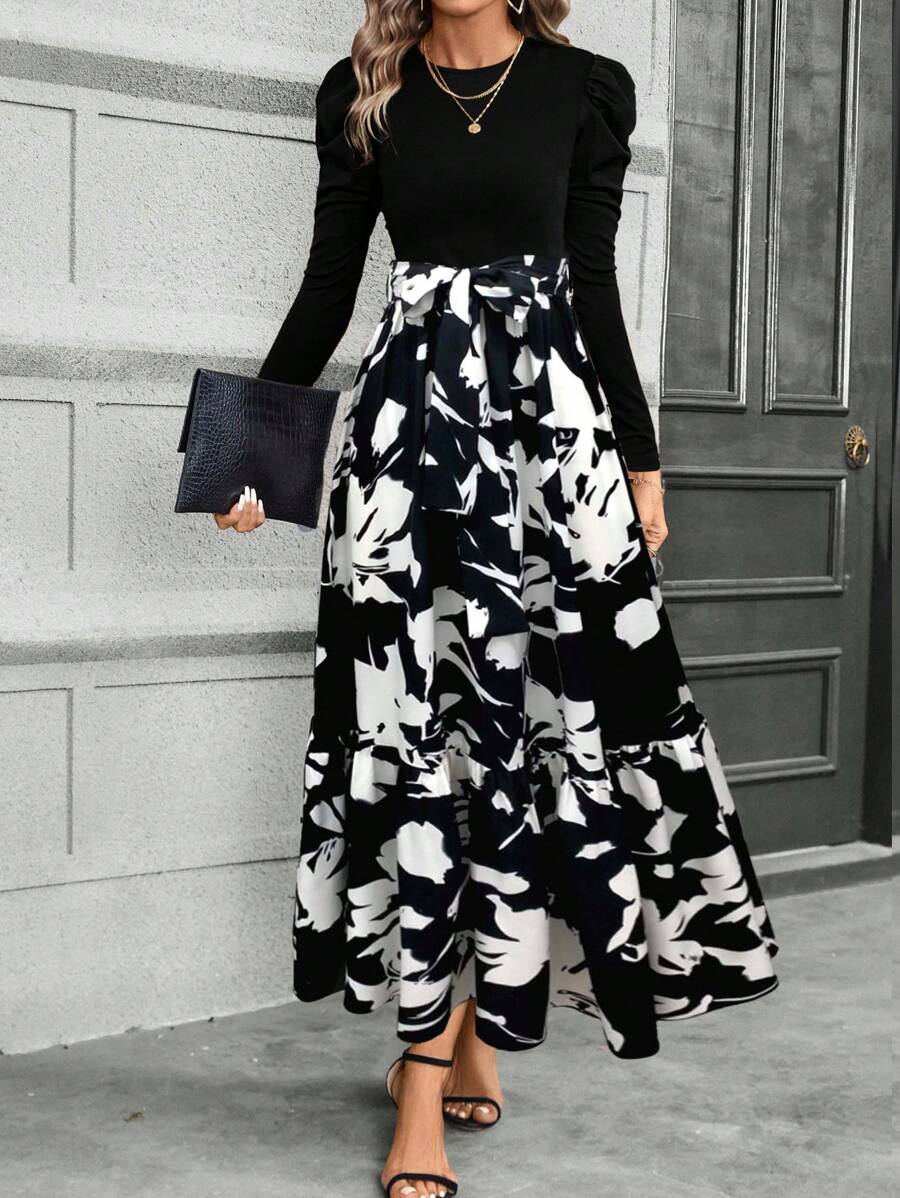 Breezaya 女士优雅蝴蝶结拼接花卉印花 A 字连衣裙，秋季长款女装 - 彩色 - 查看 1