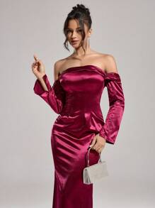 SHEIN Belle Women's Burgundy Red Off-Shoulder Formal Evening Dress,Elegant Fishbone Waist Stretch Knit Luxury Banquet Party Gown For Wedding Guest,Homecoming - Burgundy - View 4