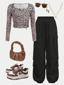 SHEIN Tween-Mädchen Lässiges 2-teiliges Set aus kurz geschnittenem T-Shirt mit Leopardenmuster, langen Ärmeln, Kordelzug und Cargohose