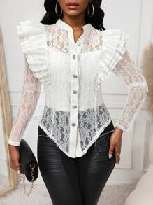 SHEIN Lady Cárdigan con botones frontales de piel sintética en patchwork, con volantes y encaje negro para mujer - Blanco - Ver 3