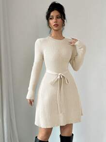 Chiquease 1pc Mid-Length A-Line Style Solid Color Fitted Sweater Dress