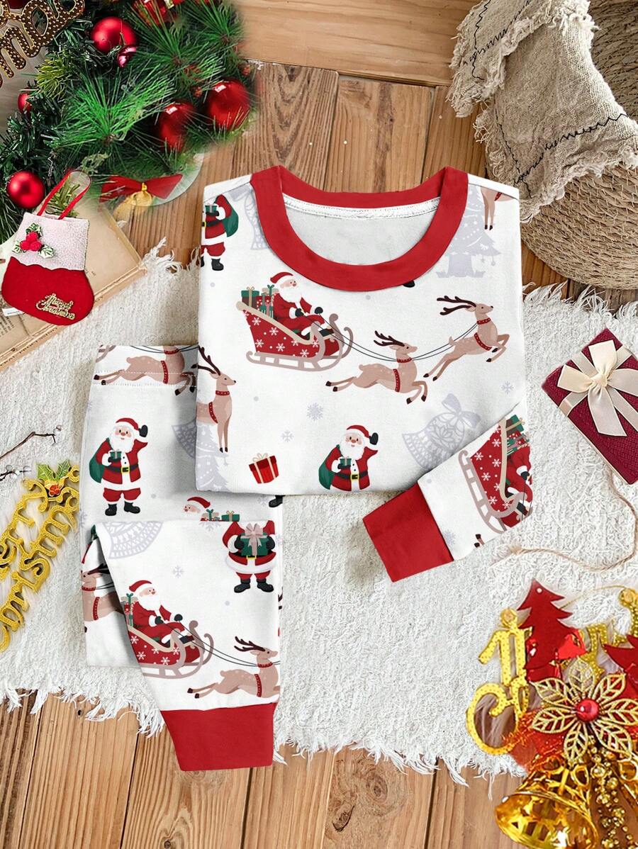 SHEIN Baby Boy Casual Minimalist Christmas Pattern Snug Fit Round Neck Fleece Long Sleeve Shirt And Pants Homewear, Suitable For Autumn/Winter - White - View 1