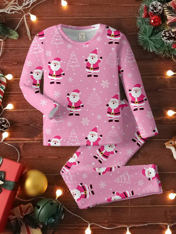 SHEIN Conjunto de pijama de manga larga y pantalones con forro térmico, de estilo minimalista casual para bebé niña, ajuste ceñido, adecuado para el verano, para Navidad