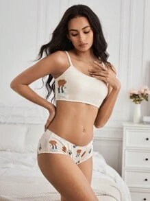 We Bare Bears X SHEIN Cartoon Print Comfortable Wireless Bra & Panty Set - Khaki - View 1