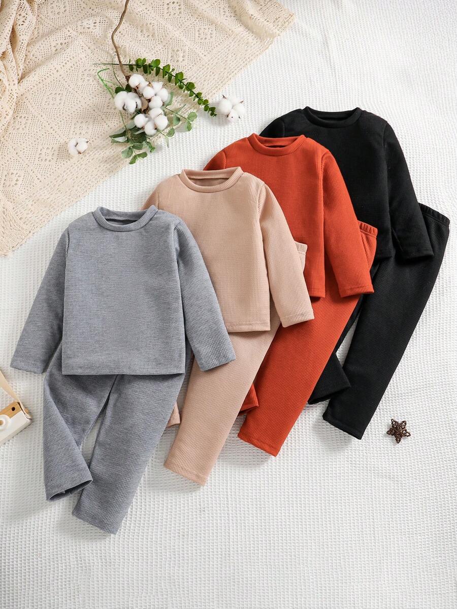 男童纹理舒适简约长袖和长裤睡衣套装