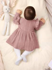 SHEIN Đầm dài tay màu trơn dệt kim dễ thương tối giản giản dị cho bé gái sơ sinh - Màu Hồng baby - Xem 2