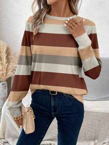 EMERY ROSE Áo thun tay dài cổ tròn họa tiết kẻ sọc thường ngày dành cho nữ, mùa thu/đông - màu nâu - Xem 3