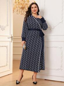 Modelyn Damen Große Größen Lässig Kleid mit geometrischem Muster und Bindung an der Seite, elegant für Herbst/Winter