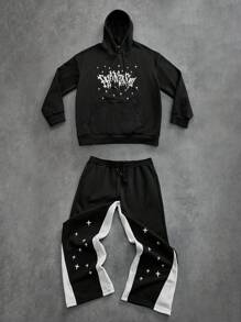 Manfinity Roughcore 2pcs/Set Pakaian Kasual Pria Ukuran Besar Lengan Panjang dengan Cetakan Huruf, Kaos Hoodie dan Celana, Pakaian Musim Gugur - Hitam dan Putih - View 1