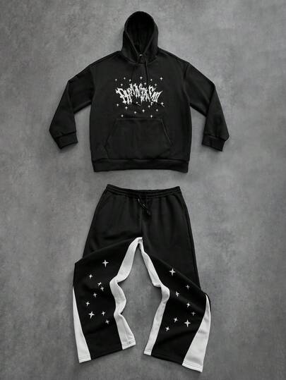 Manfinity Roughcore Bộ 2 áo nỉ trùm đầu tay dài in chữ cỡ lớn dành cho nam và quần dài, trang phục thường ngày, quần áo mùa thu