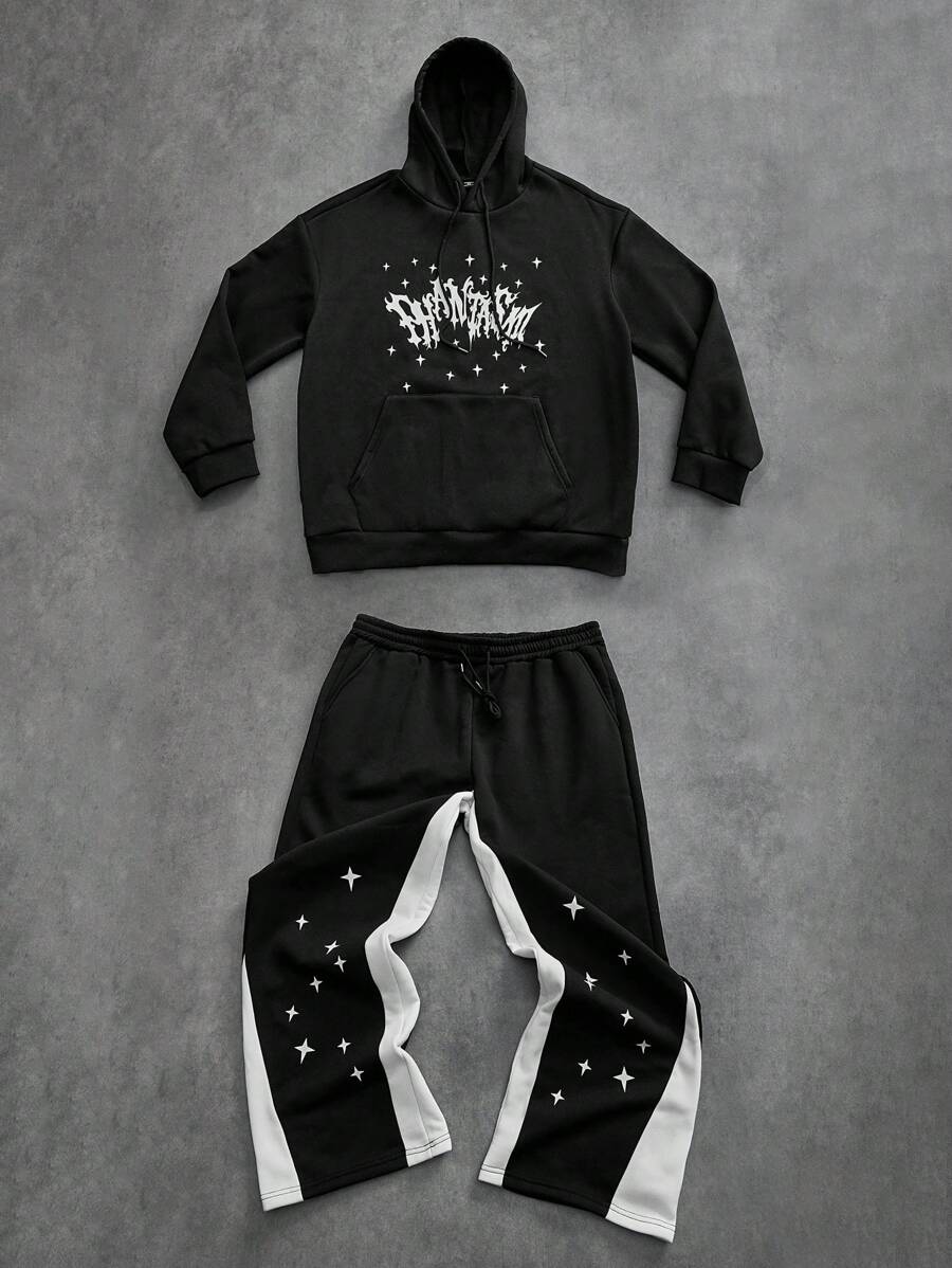 Manfinity Roughcore 2pcs/Set Pakaian Kasual Pria Ukuran Besar Lengan Panjang dengan Cetakan Huruf, Kaos Hoodie dan Celana, Pakaian Musim Gugur - Hitam dan Putih - View 1