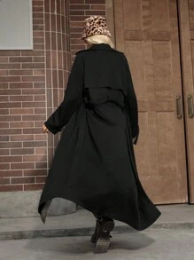 SHEIN EZwear 大码女式拼色翻领双排扣长款休闲风衣，秋季 - 黑色 - 查看 2