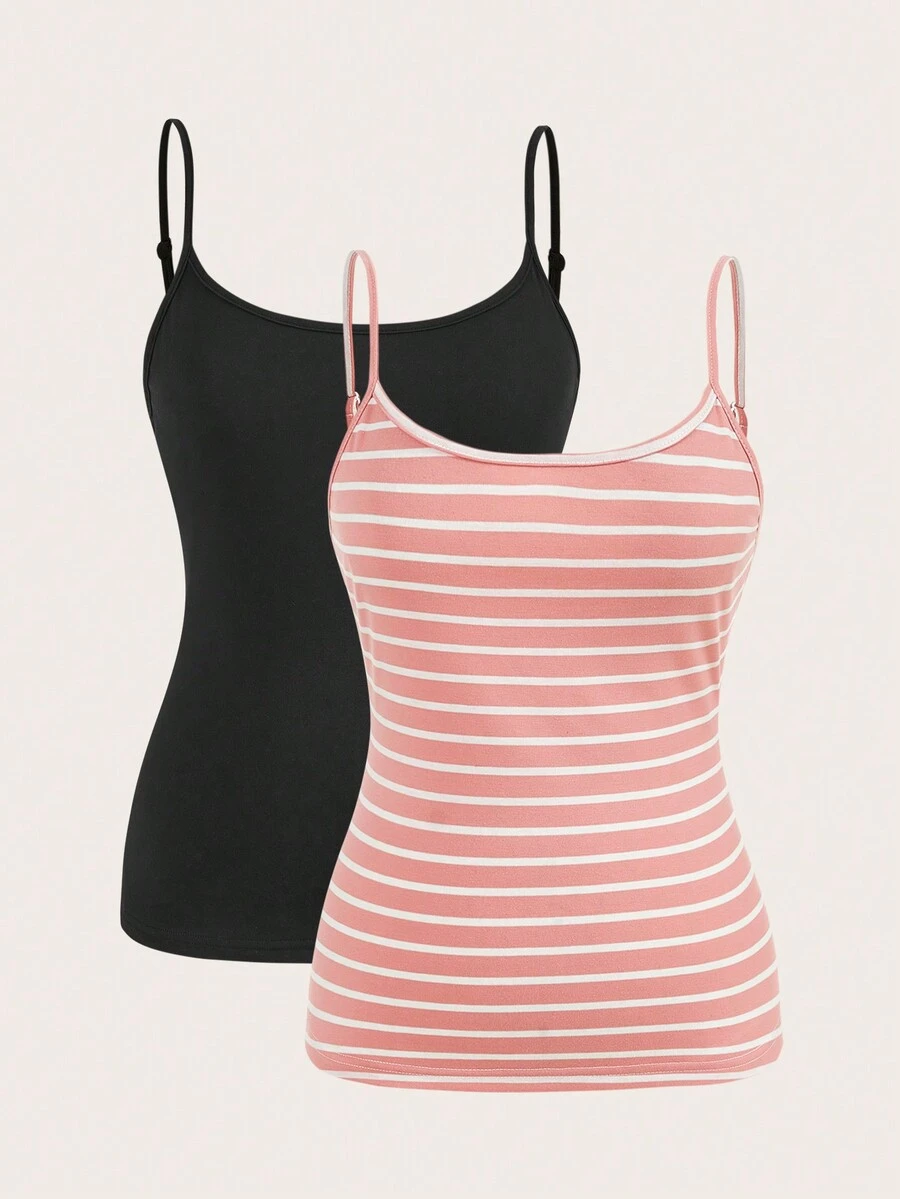 2pcs/Set Casual Black & White Solid Color Versatile Plus Size Women Camisole Tank Top, Suitable For Summer - Multicolor - View 1