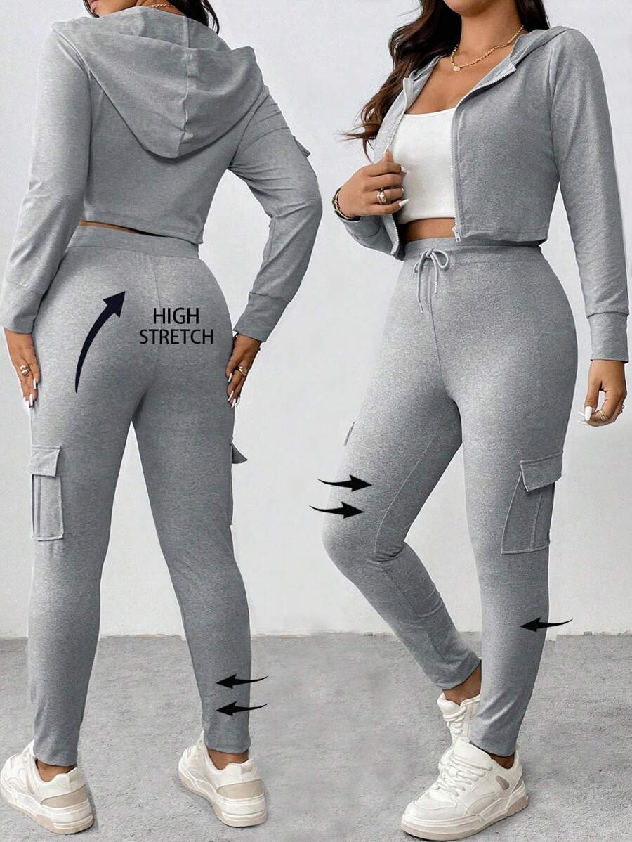 Calvaya 2pcs Plus Size Casual Solid Color Cropped Hoodie Top & Cargo Pants Set, Autumn - Grey - View 1
