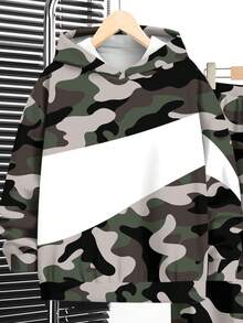 SHEIN 2 件迷彩印花青少年男孩休闲简约长袖连帽衫套装，秋冬 - 彩色 - 查看 4