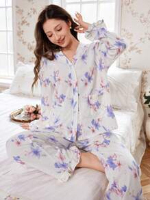 Bộ đồ ngủ dài tay có cổ viền bèo nhún in hoa dành cho nữ - Màu xanh lam - Xem 6