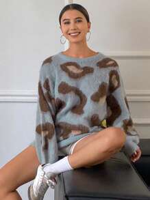 DAZY Relaxed Oversized Leopard Print Knit Sweater For Women