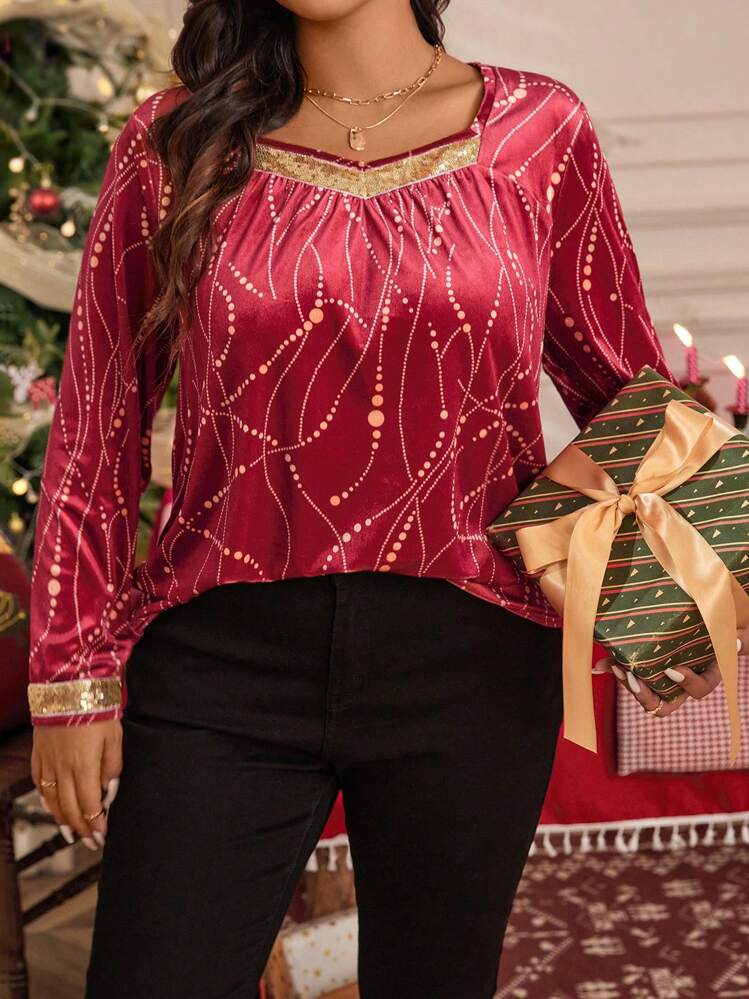 INAWLY 大码心形图案印花休闲优雅 T 恤，秋季 - 酒紅色 - 查看 3