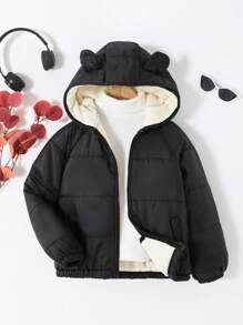 SHEIN Tween Girl Losse Casual Minimalistische Comfortabele Zwarte Gewatteerde Korte Gewatteerde Jas, Warme Voering Voor De Winter