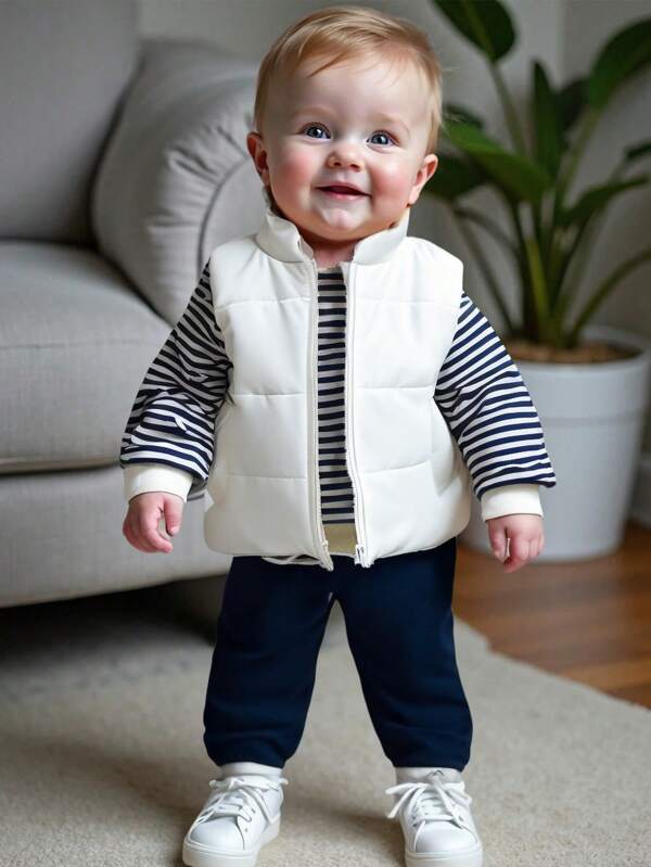 SHEIN 3 stuks/set babyjongen/meisje gestreepte lange mouwen sweatshirt, blauwe joggingbroek en verdikt gewatteerd vestjack, casual outfit, geschikt voor herfst/winter