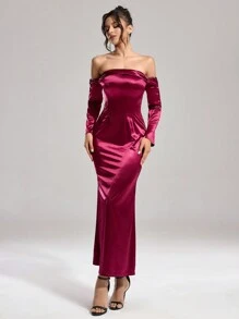 SHEIN Belle Women's Burgundy Red Off-Shoulder Formal Evening Dress,Elegant Fishbone Waist Stretch Knit Luxury Banquet Party Gown For Wedding Guest,Homecoming - Burgundy - View 1