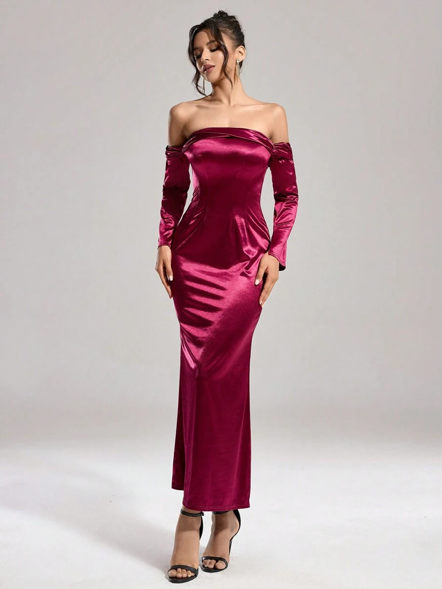 SHEIN Belle Women's Burgundy Red Off-Shoulder Formal Evening Dress,Elegant Fishbone Waist Stretch Knit Luxury Banquet Party Gown For Wedding Guest,Homecoming - Burgundy - View 1
